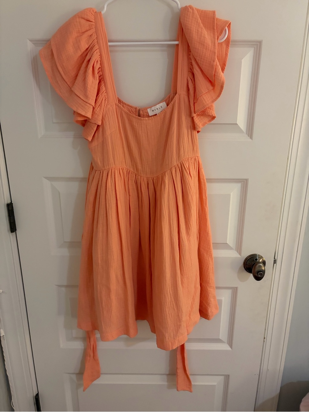 MARBLE Flutter Sleeve Mini Dress in Peach-Orange
